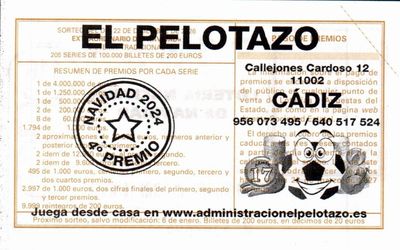 Reverso del d&eacute;cimo 91353 con el sello de la Administraci&oacute;n &laquo;El Pelotazo&raquo;, en C&aacute;diz